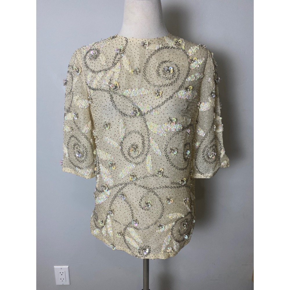 Vintage 50s 60s Sequin Embroidered Shirt Cream Iridescent Beaded Top Mid-Century